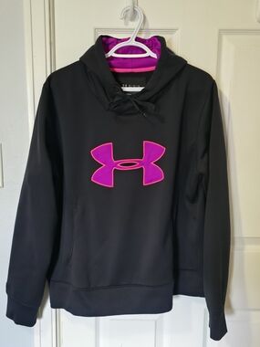 UNDER ARMOUR Women's Big Logo Hoodie, Size XL Fitted, Black/Pink/Orange